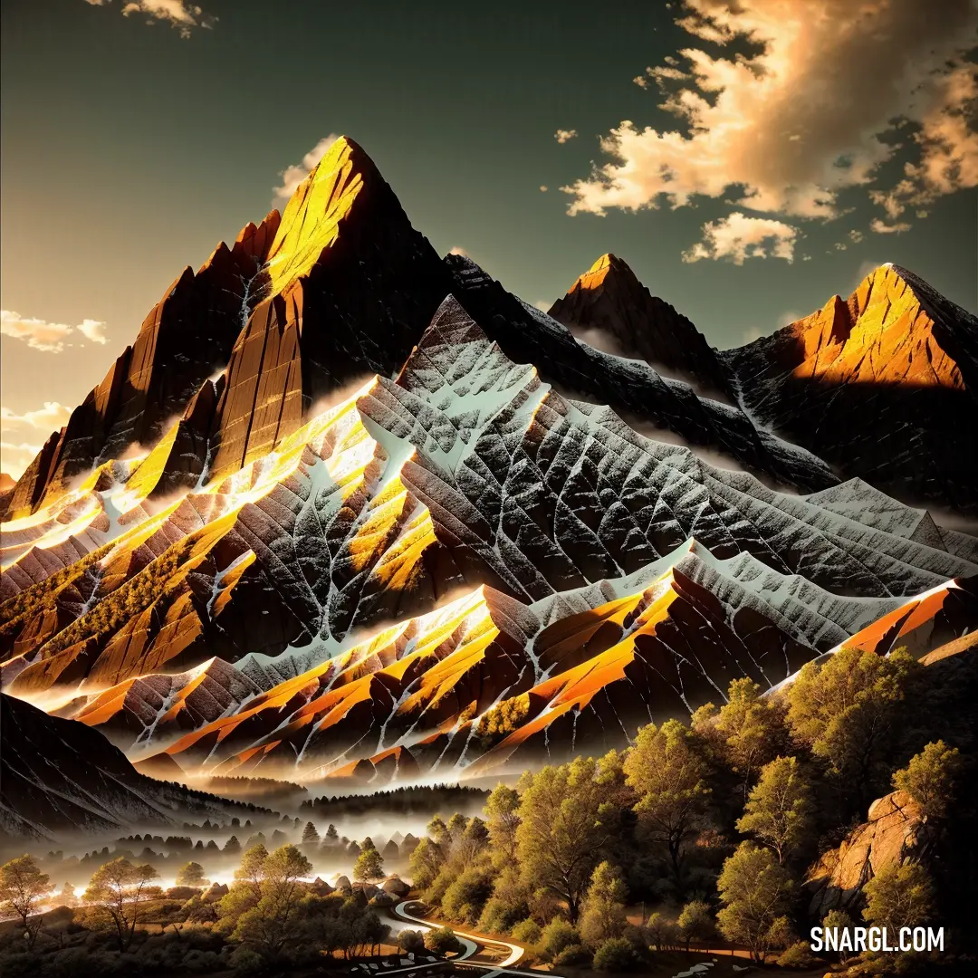Painting of a mountain range with a road going through it and a sky with clouds above it and a sun shining on the mountain