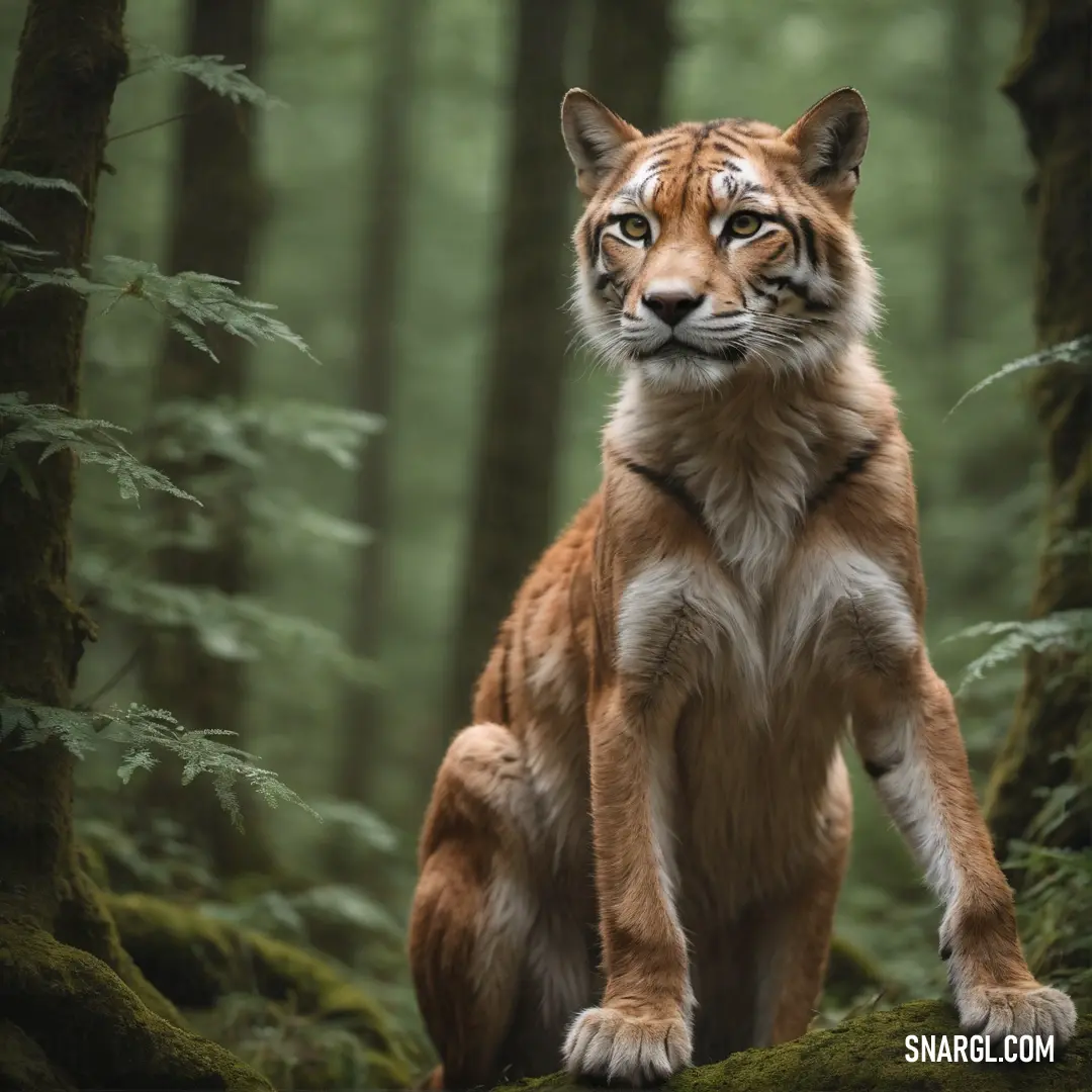 Tiger standing on a mossy log in the woods with trees in the background and a third tiger looking at the camera