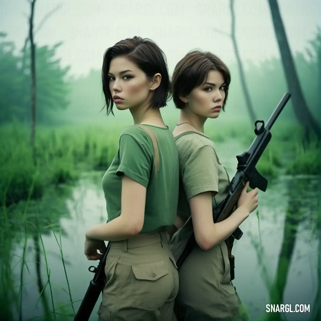 Two women holding guns in a swampy area with trees in the background. Example of #567063 color.