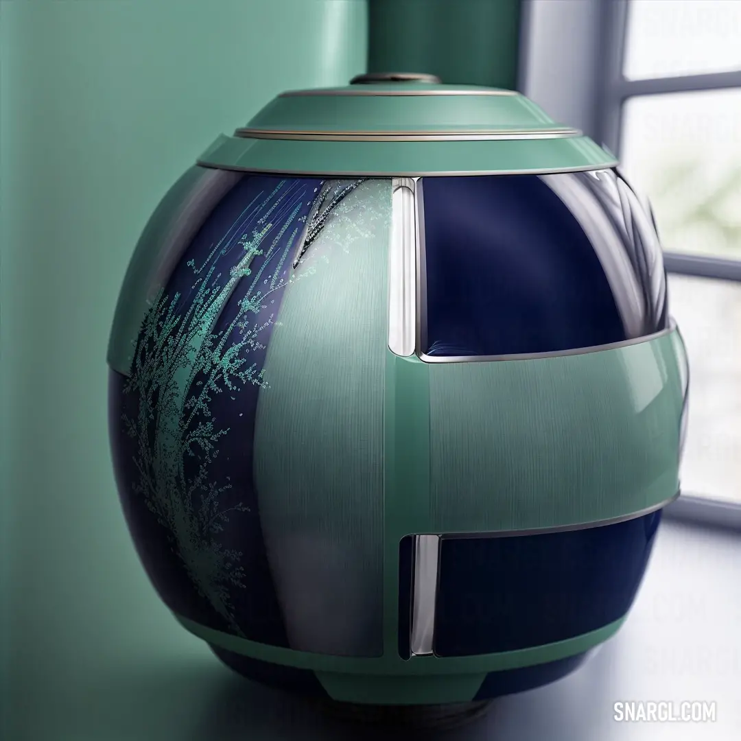 Vase with a blue and green design on it on a table next to a window with a green curtain. Color Dark tea green.