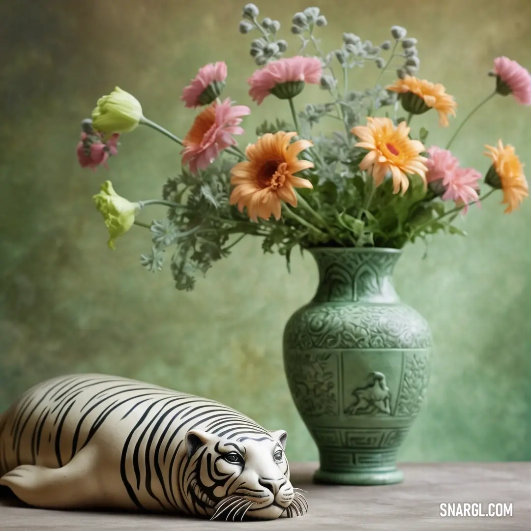 Vase with flowers and a tiger figurine on a table next to it, with a green background. Color CMYK 23,0,12,56.