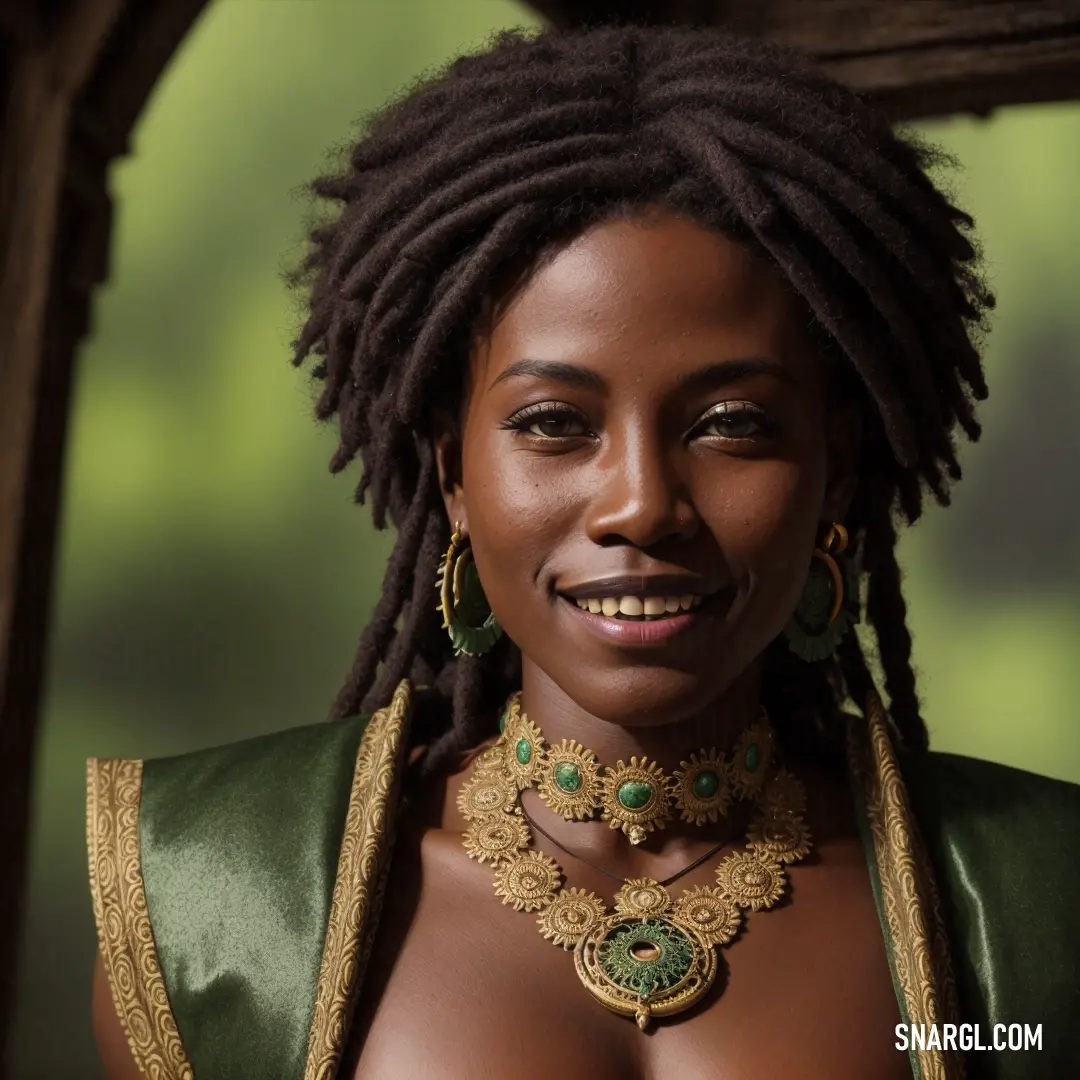 Woman with dreadlocks and a green dress smiling at the camera with a green background