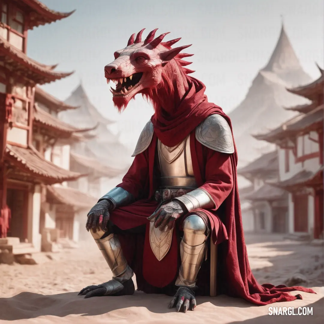 Dragon like creature on a sand dune in front of a building with a red roof. Color RGB 204,78,92.