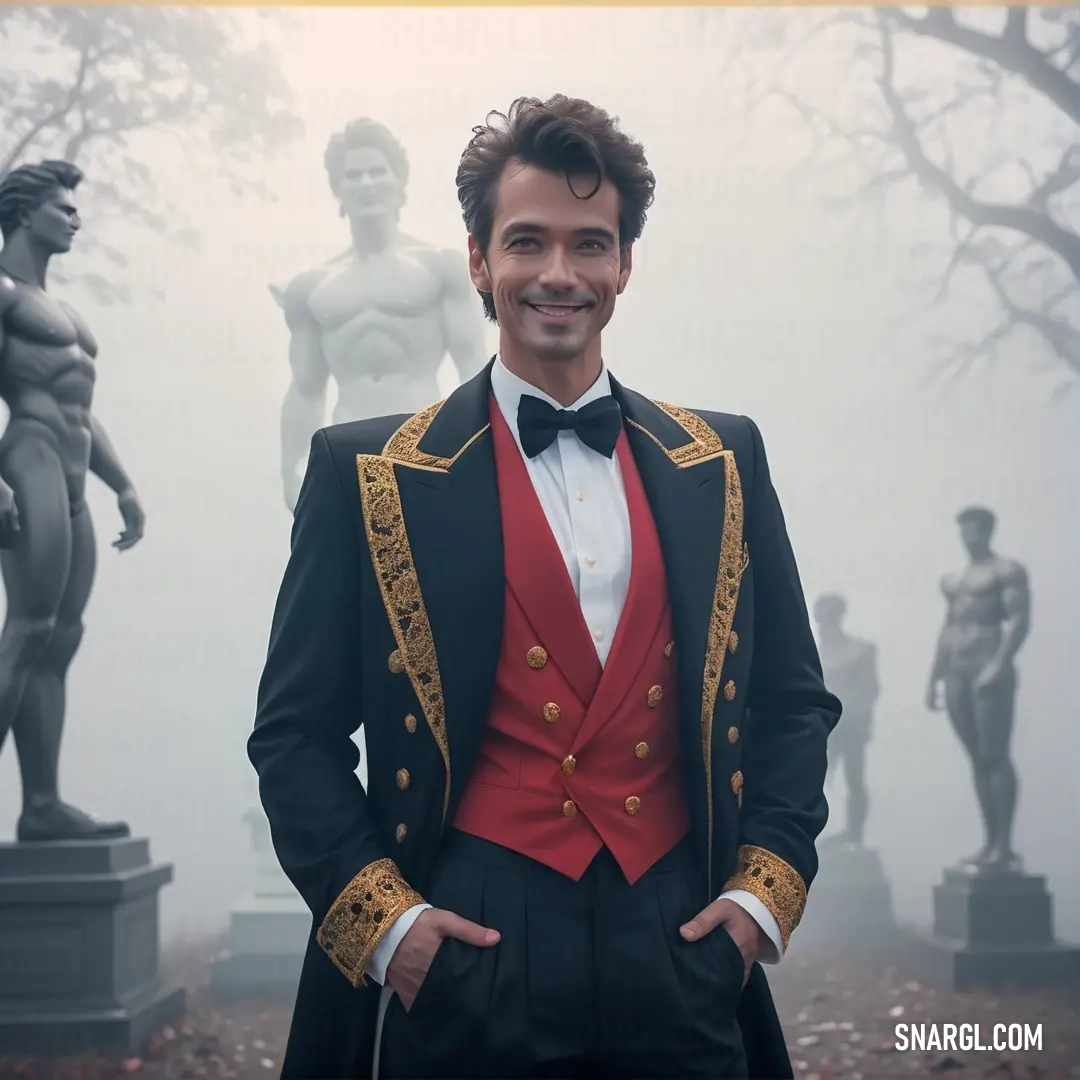 Man in a tuxedo standing in front of statues of men in a foggy park with a red bow tie. Color Dark terra cotta.