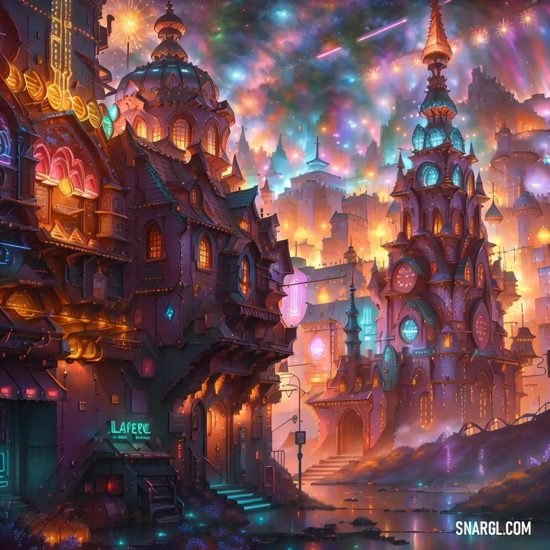 Painting of a city with a lot of lights and buildings in it