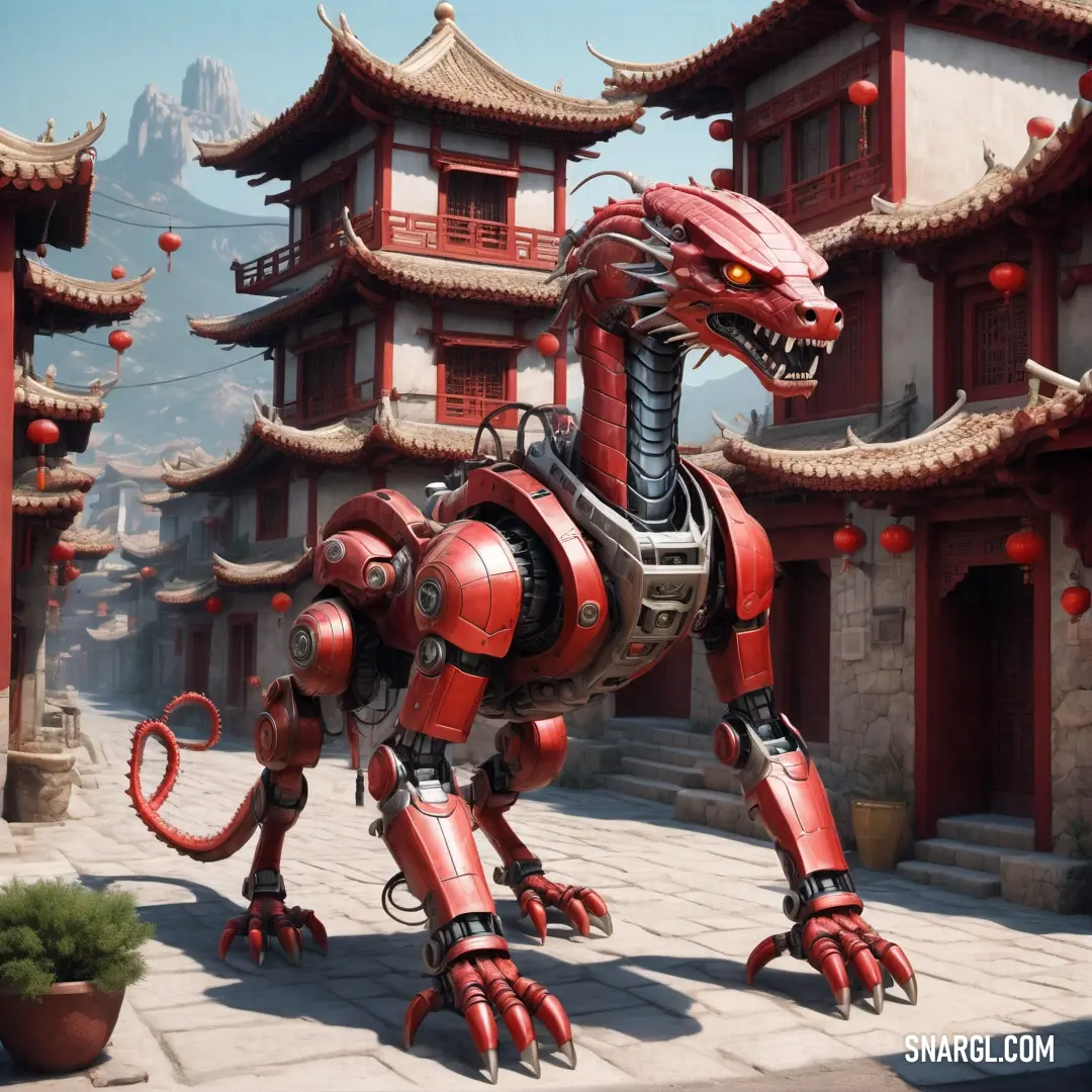 Red robot dog standing in front of a building with oriental architecture in the background and a mountain in the distance
