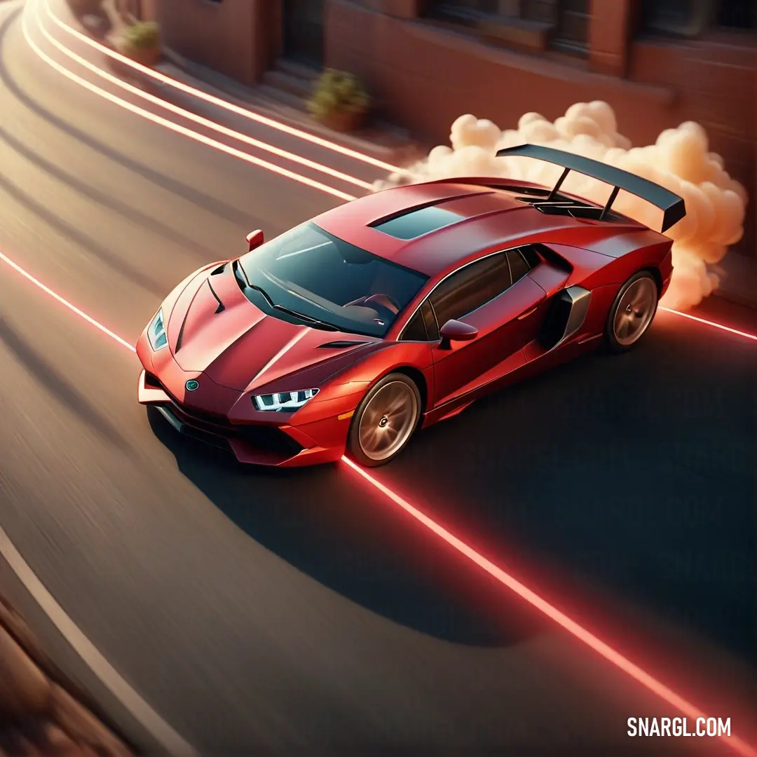 Red sports car driving down a road with smoke coming out of the back of it's roof. Example of RGB 204,78,92 color.