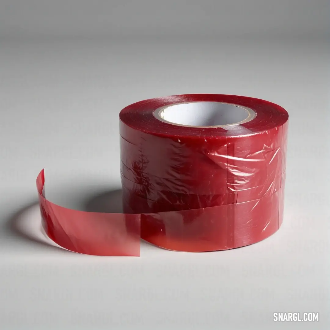 Roll of red tape with a red tape on it's side. Color CMYK 0,62,55,20.