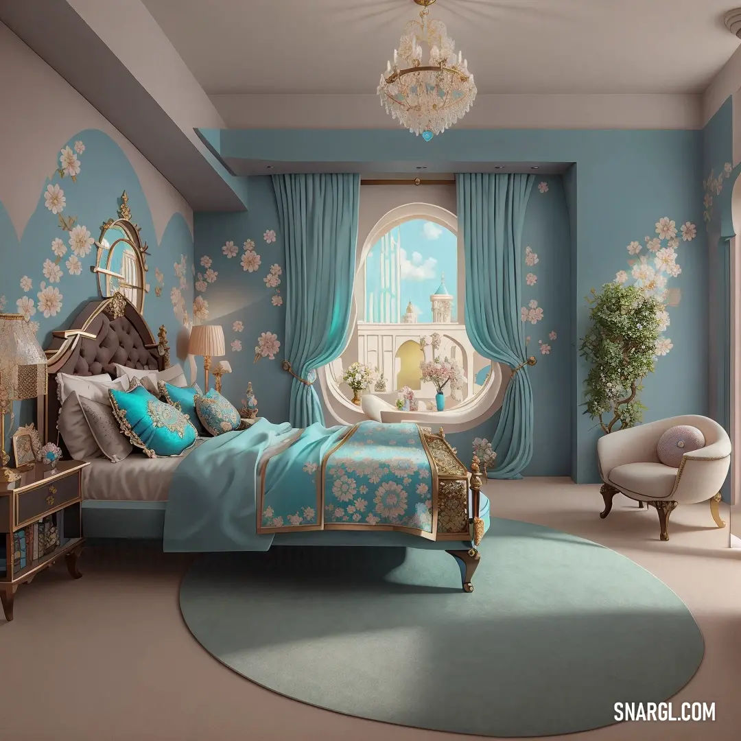 Bedroom with a blue and white theme and a chandelier hanging from the ceiling and a round rug on the floor. Example of #00CED1 color.