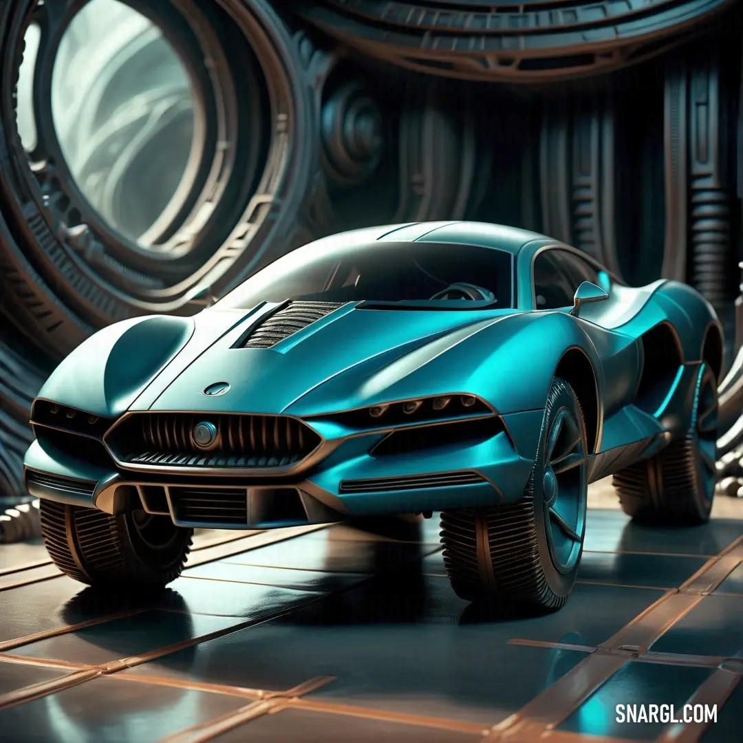 Blue car is parked in a futuristic setting with a circular window in the background