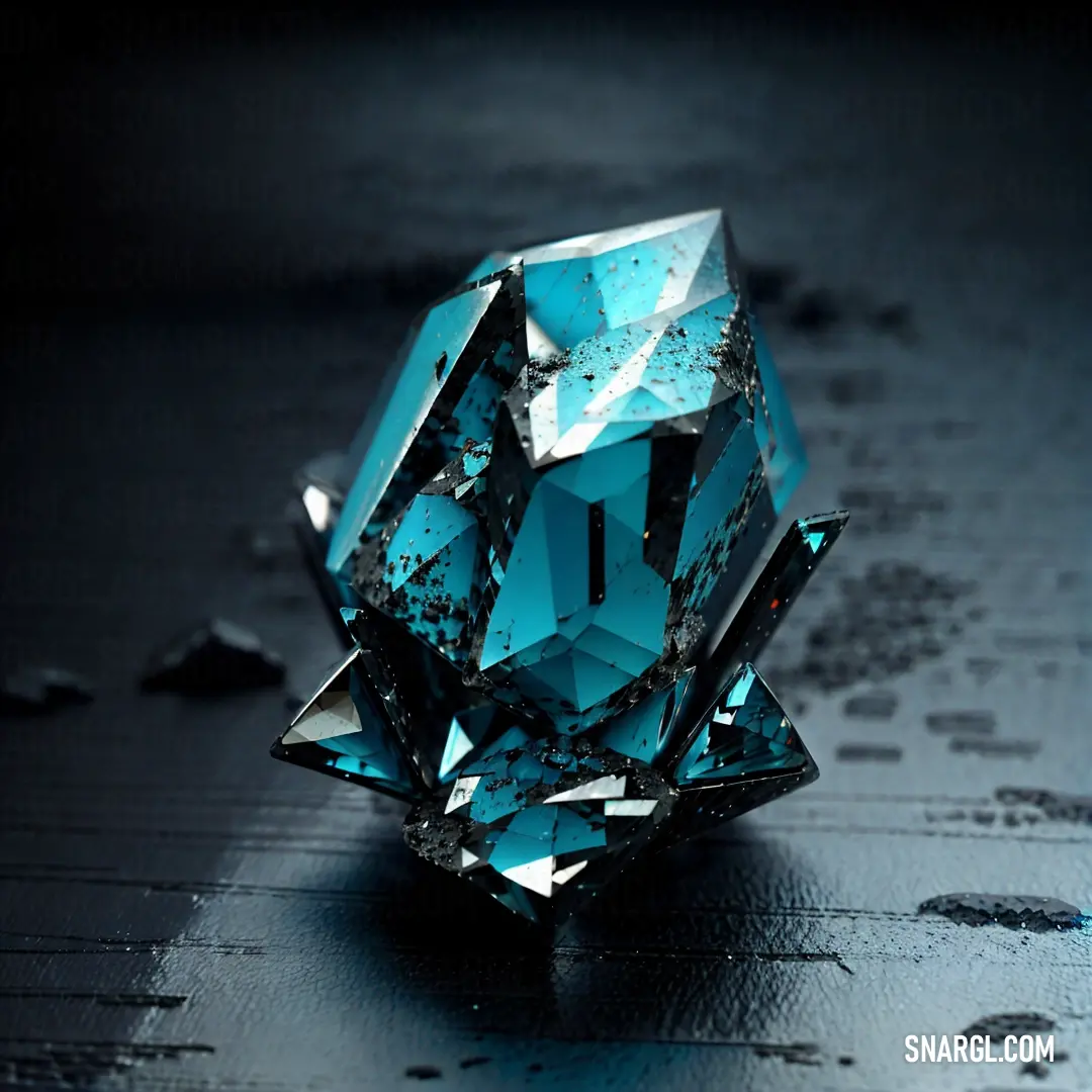 Blue diamond on top of a table next to a black tablecloth and a black background
