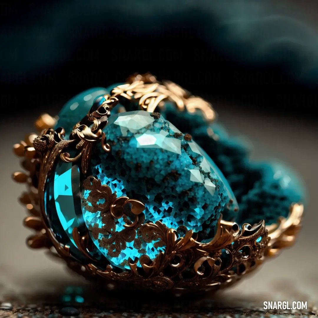 Blue ring with a large tear shaped stone in it's center and a gold filigreet around the band