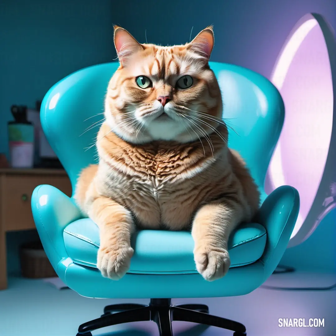 Cat in a blue chair with a blue background and a blue wall behind it