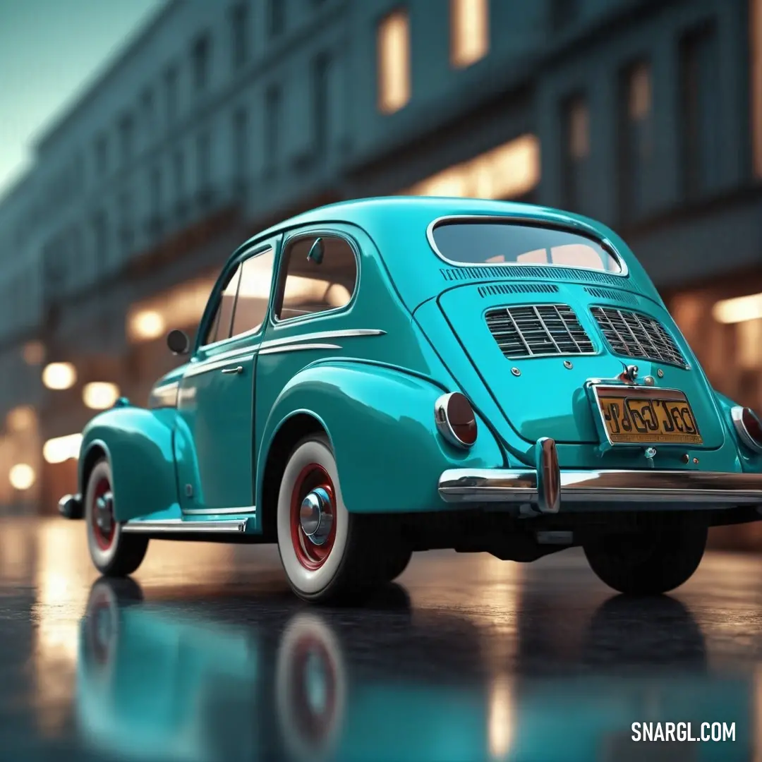 Blue car parked on a wet surface in front of a building at night time with lights on the windows. Example of #00CED1 color.