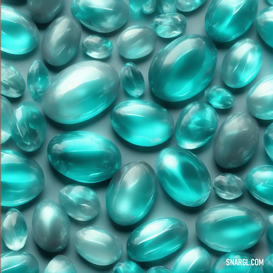 Bunch of shiny blue and white rocks on a gray surface with a red frame around them. Example of Dark turquoise color.