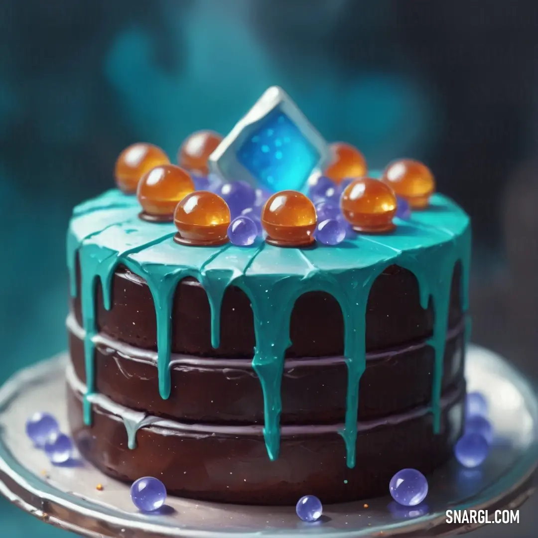 Chocolate cake with blue icing and orange and blue decorations on top of it on a silver plate. Color RGB 0,206,209.