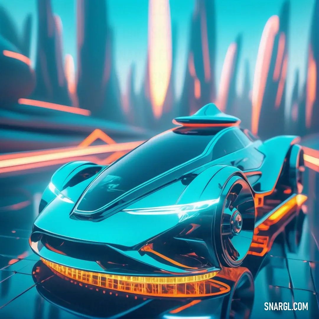 Futuristic car is shown in this image with a bright blue background. Color RGB 0,206,209.