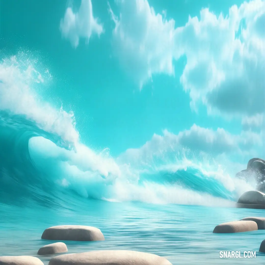 Dark turquoise color. Painting of a wave crashing over rocks in the ocean with a blue sky and clouds above it