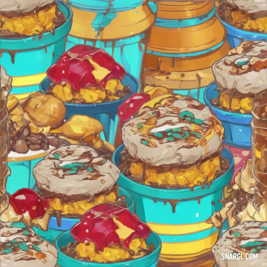 Dark turquoise color. Painting of many desserts in blue bowls on a table with yellow and blue containers of them and a blue