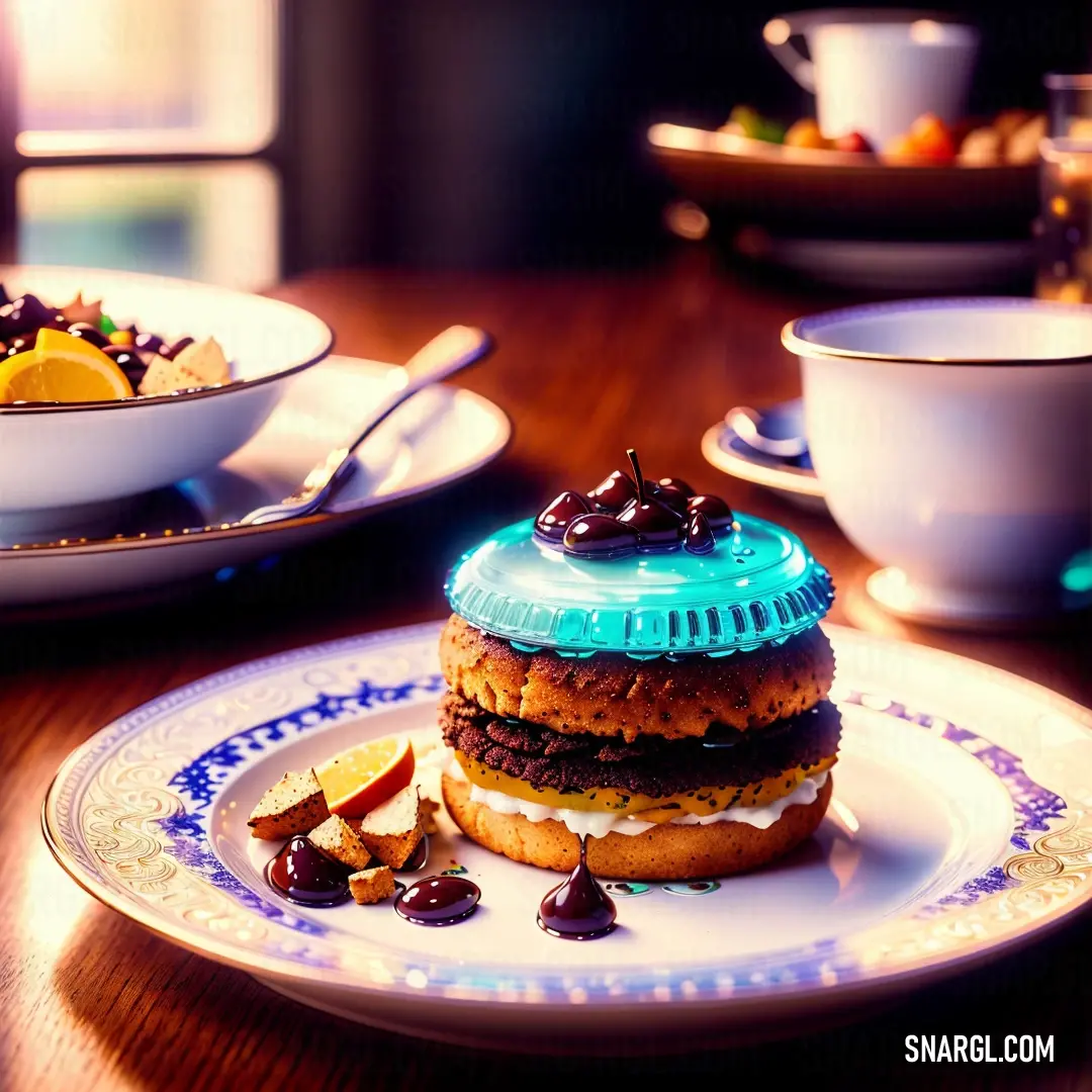 Plate with a sandwich on it on a table with other plates and bowls of food in the background. Color CMYK 100,1,0,18.