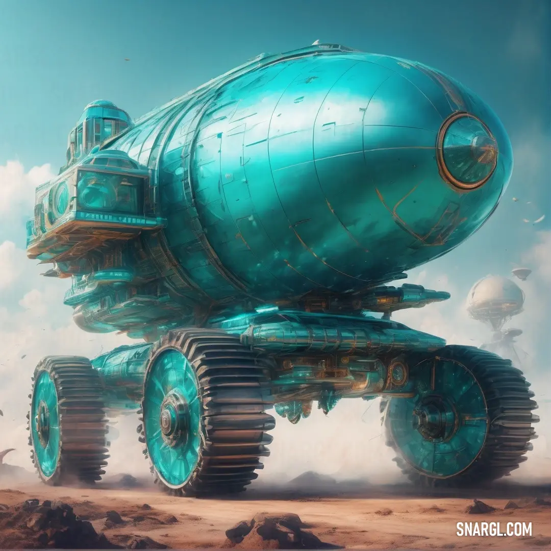 Futuristic vehicle with a huge tank on it's back in the desert, with a sky background. Color Dark turquoise.