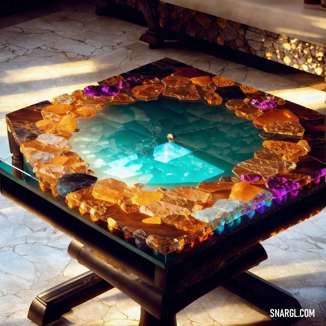 Glass table with a circular design on it's surface and a light shining through the top of it. Example of Dark turquoise color.