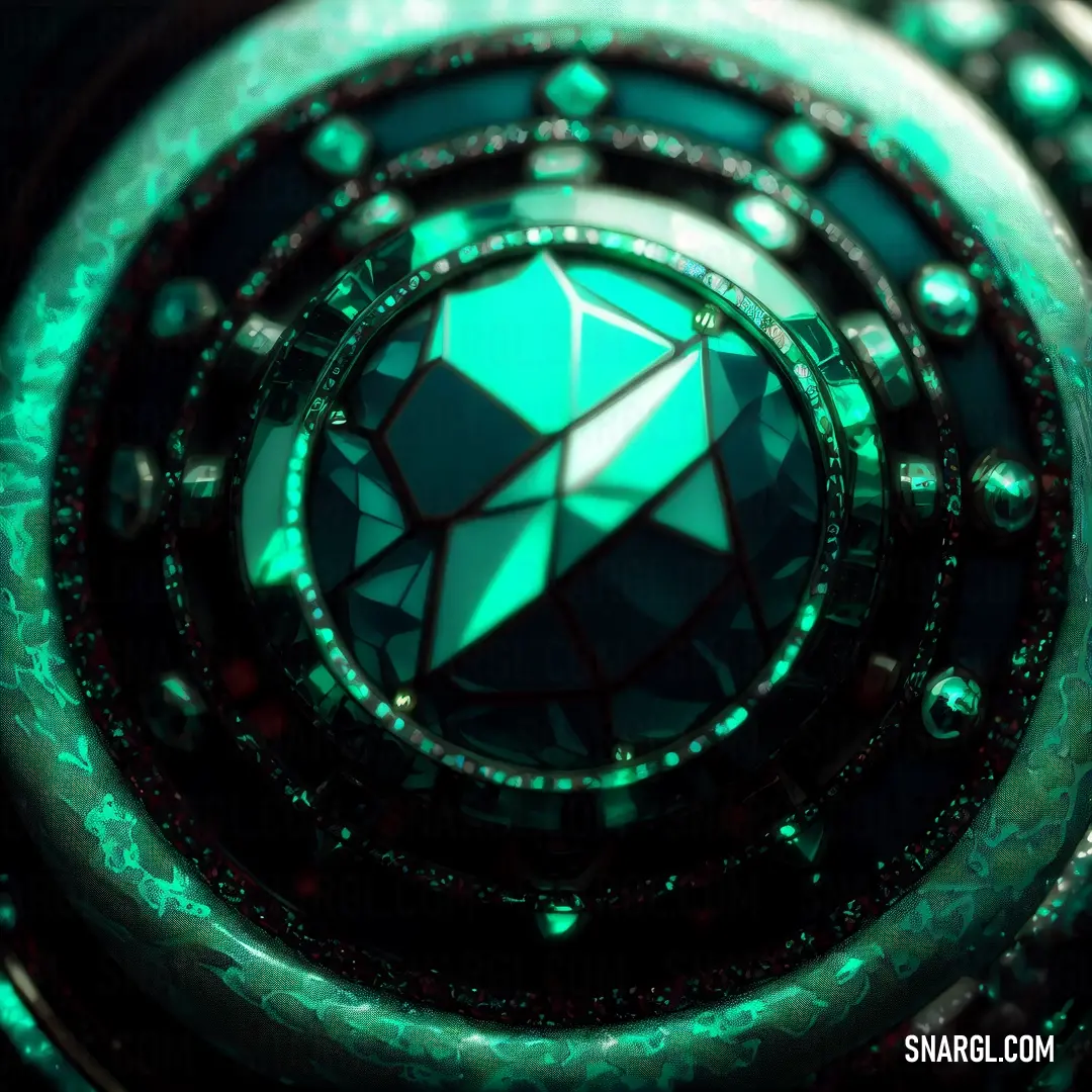 Dark turquoise color. Green circular object with a diamond in the center of it