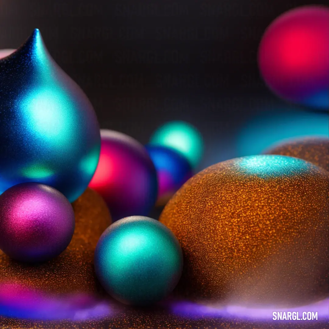 Group of shiny balls on top of a table next to each other on a table top with a black background