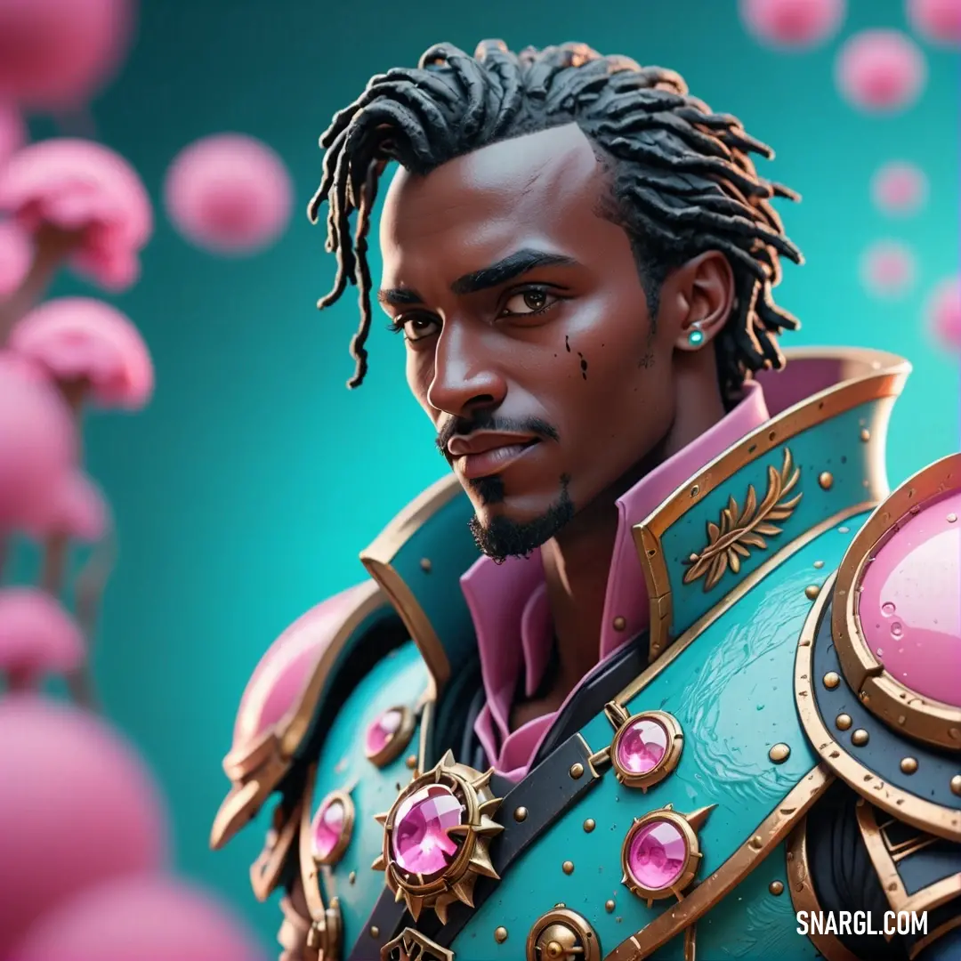 Man with dreadlocks and a pink shirt and a blue jacket. Color RGB 0,206,209.