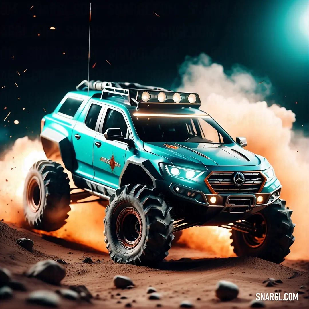 Monster truck driving through a dusty desert at night with bright lights on its roof and headlights on its head