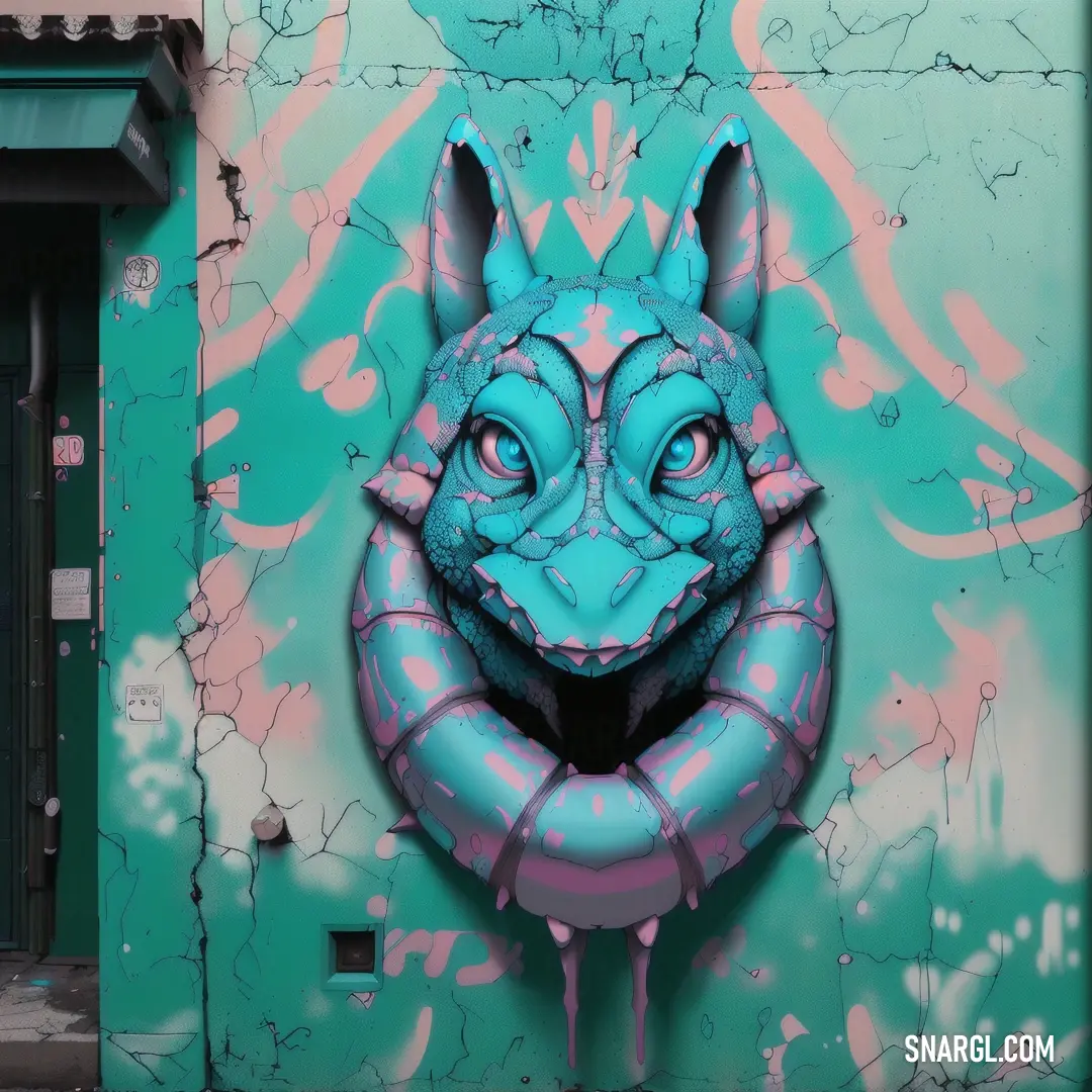 Painting of a blue creature with a pink nose and mouth on a green wall with graffiti on it
