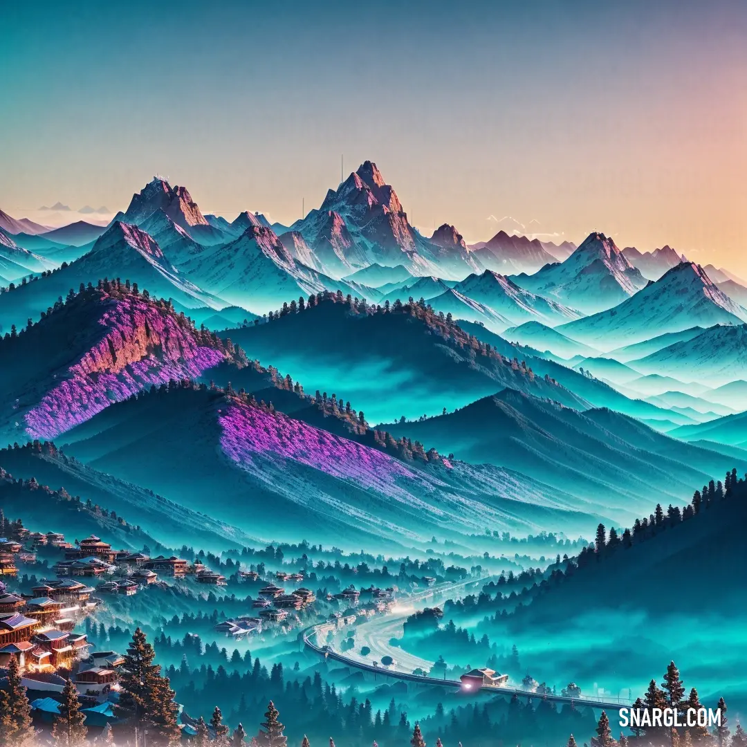 Painting of a mountain range with a town in the distance and a sunset in the background with a pink sky