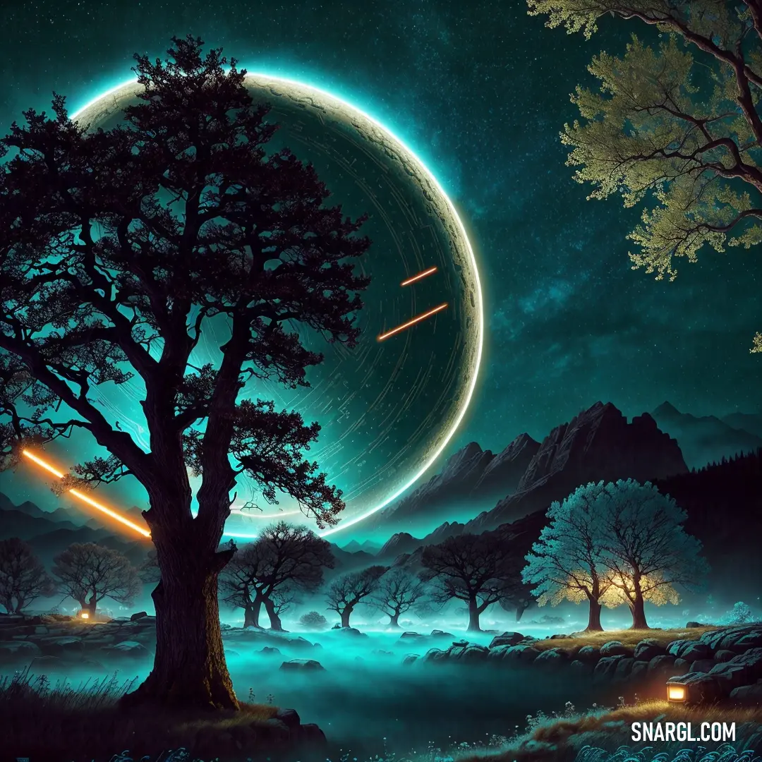 Painting of a tree with a light saber in its mouth and a planet in the background with a star in the sky