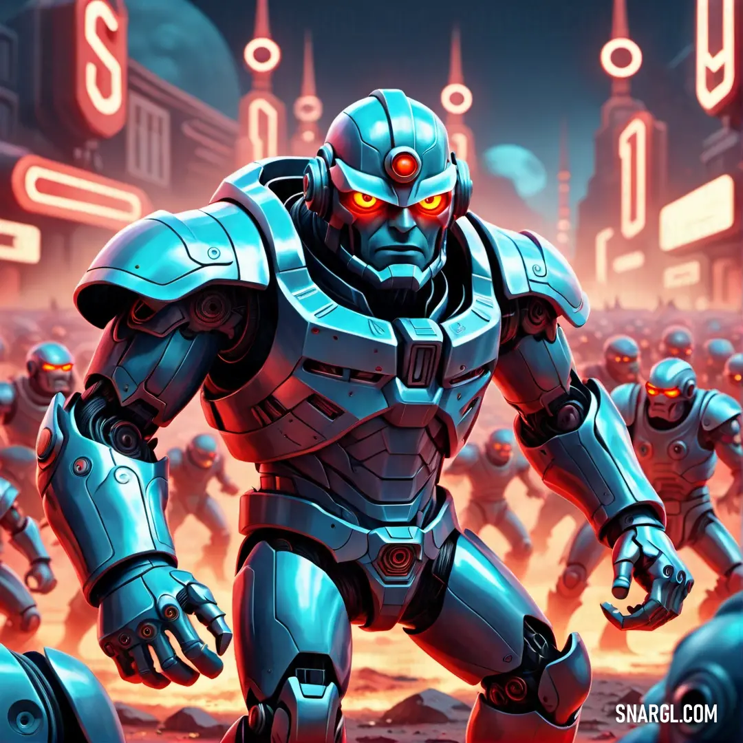 Robot with red eyes and a suit on in front of a group of other robots in a city. Example of RGB 0,206,209 color.