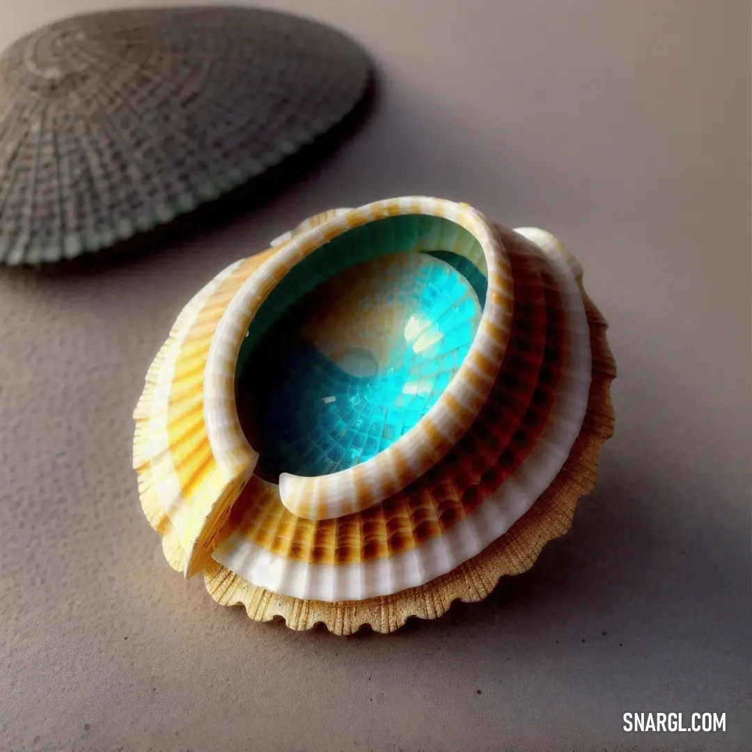 Sea shell and a sea shell on a table top with a light blue center and a dark green center
