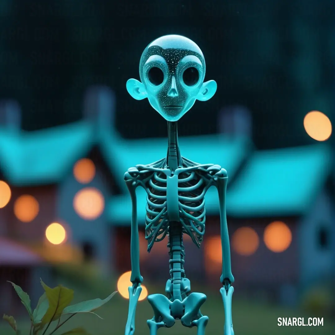 Skeleton is standing in front of a house with a blue glow on it's face and arms. Example of CMYK 100,1,0,18 color.