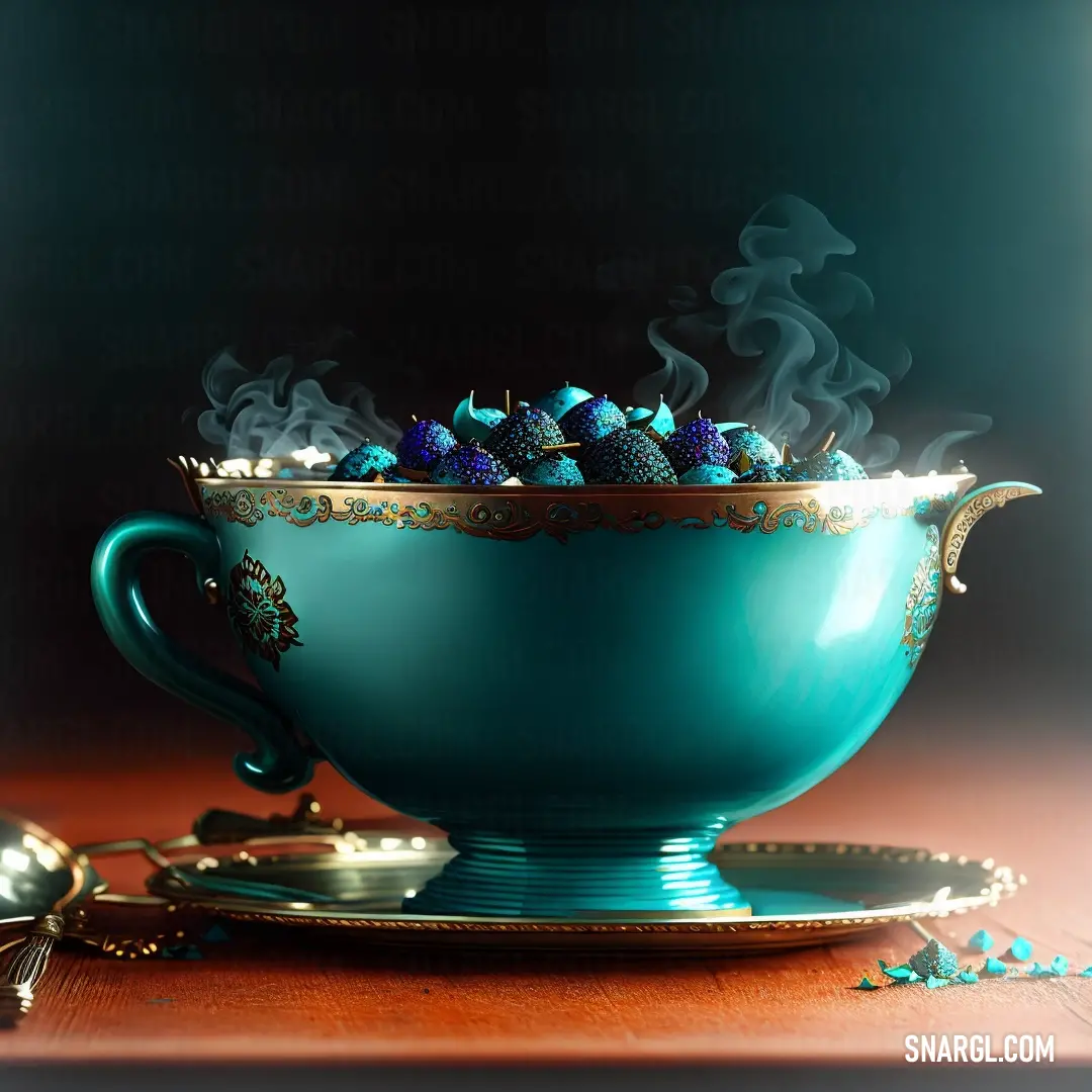Teal cup with steam rising out of it on a saucer and spoons on a table