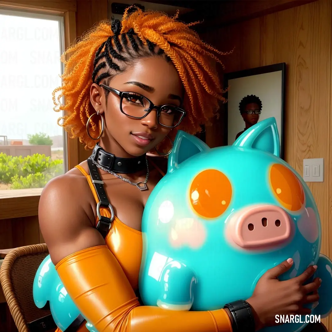 Woman in a leather outfit holding a piggy bank in her arms and wearing glasses and a necklace. Color CMYK 100,1,0,18.