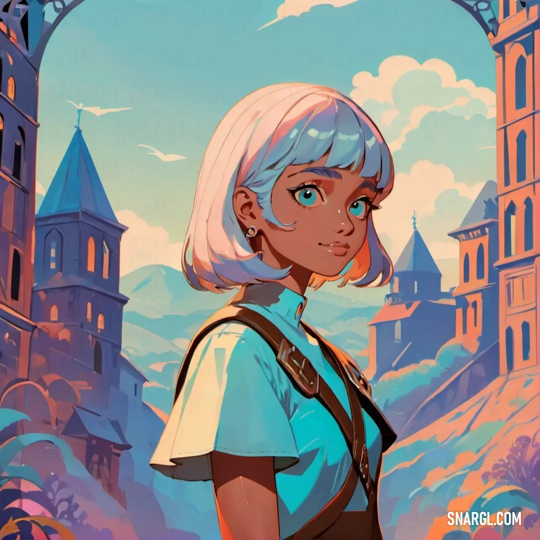 Woman with blonde hair and blue eyes standing in front of a castle with a clock tower in the background. Color CMYK 100,1,0,18.