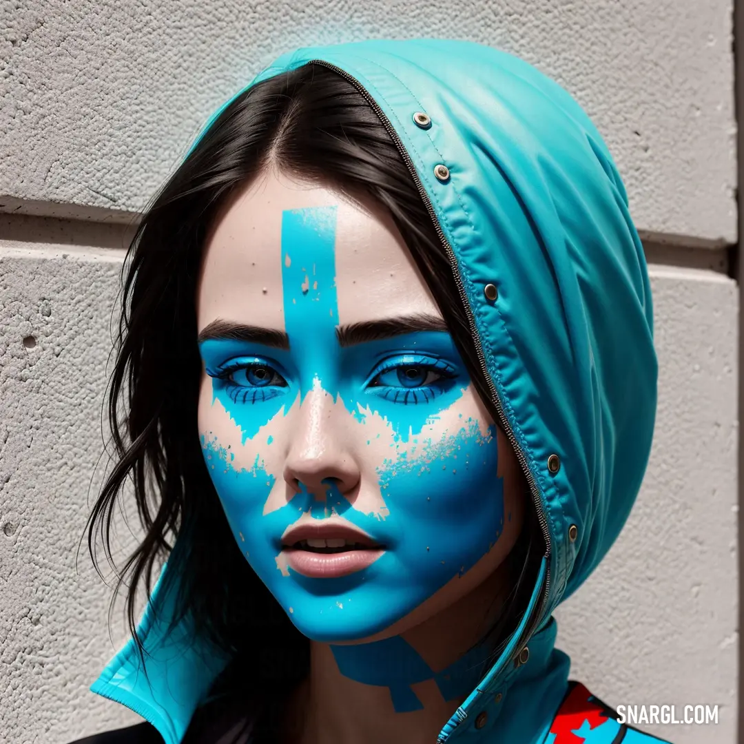Woman with blue makeup and a blue head scarf on her head and a blue cross painted on her face. Color RGB 0,206,209.