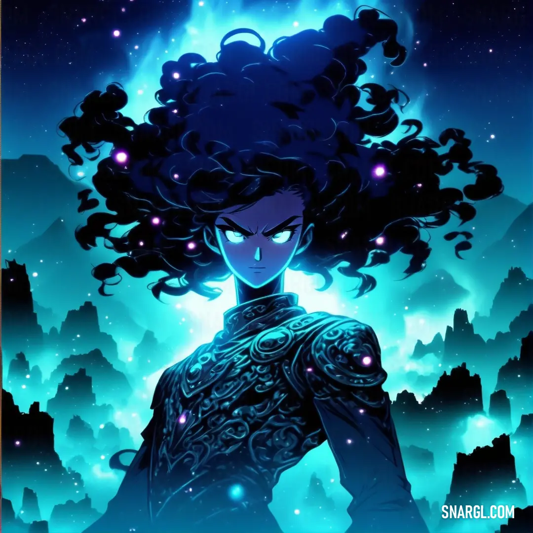 Woman with long hair standing in front of a sky filled with stars and stars. Example of Dark turquoise color.