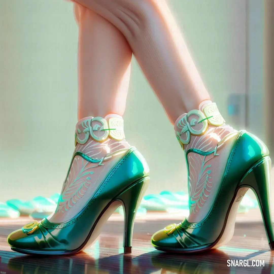 Woman's legs wearing high heels with green and white shoes on them and a green and white belt. Color #00CED1.