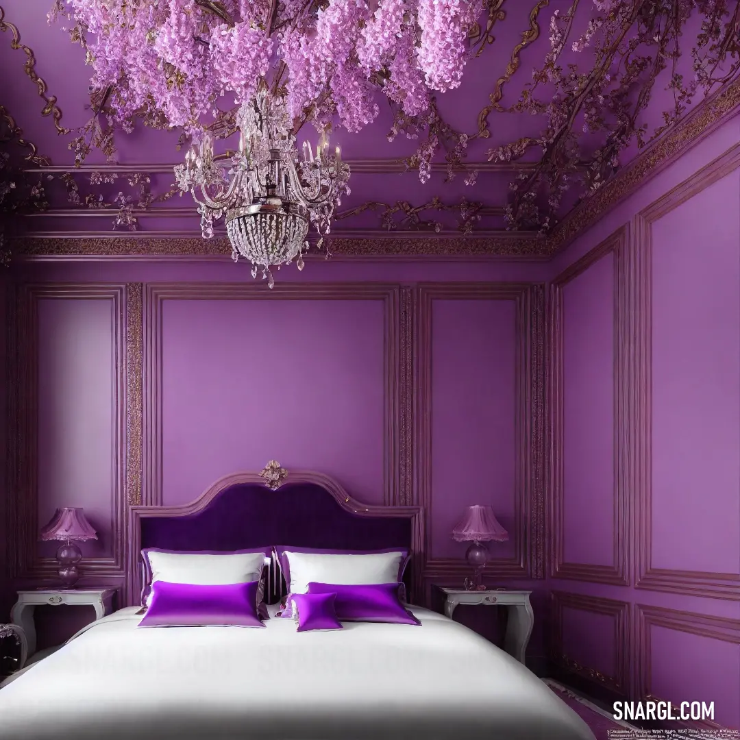 Bed with a purple headboard and a chandelier hanging from the ceiling in a bedroom. Color RGB 148,0,211.