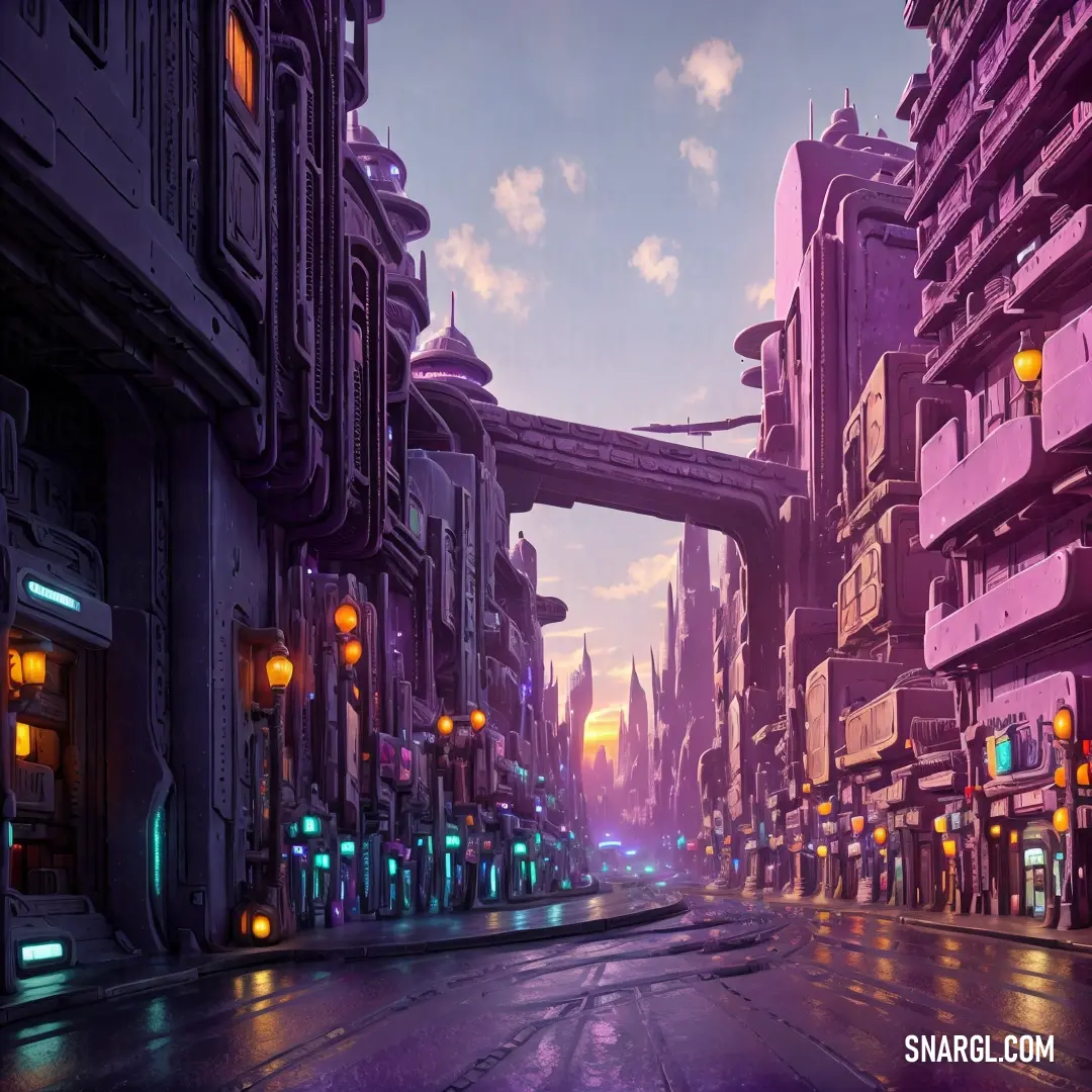 City street with a bridge and traffic lights in the distance and a purple sky with clouds above it