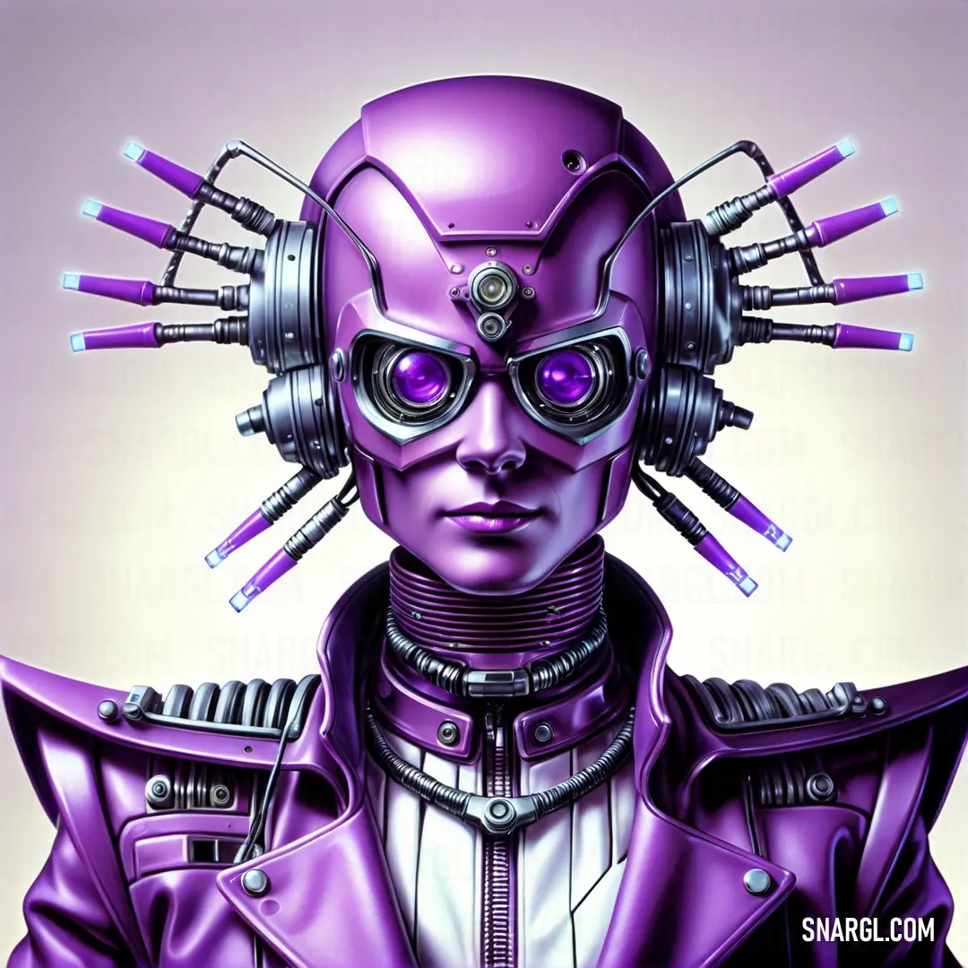 Purple robot with headphones and a purple jacket on it's shoulders. Color CMYK 30,100,0,17.