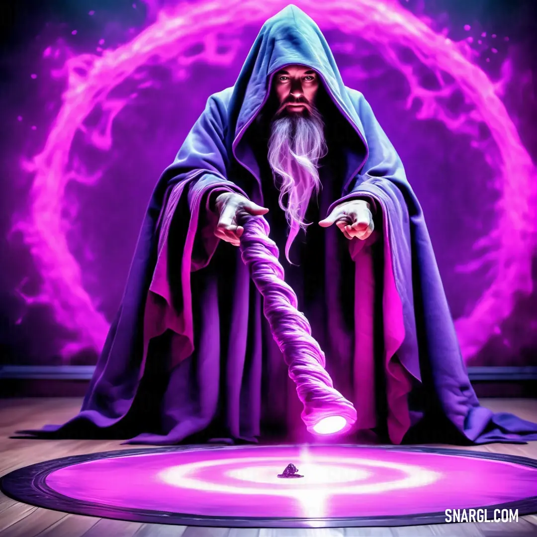 Wizard with a wand in his hand and a purple robe on. Example of #9400D3 color.