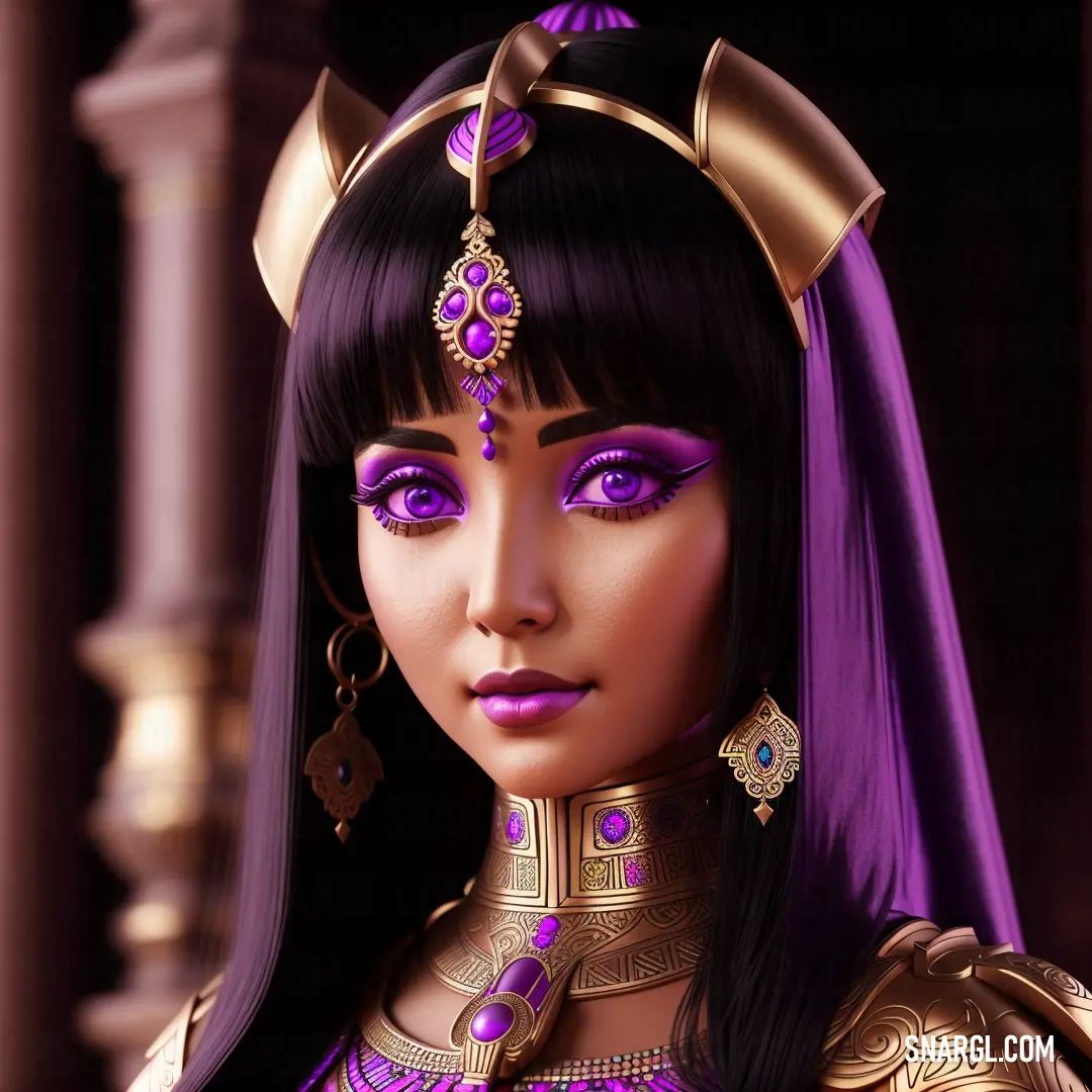 Digital painting of a woman wearing a purple costume and gold jewelry and a purple veil with a gold head piece