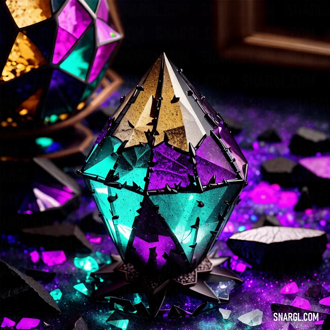 Group of colorful glass objects on a table with glitter around them and a mirror behind them that is reflecting the light