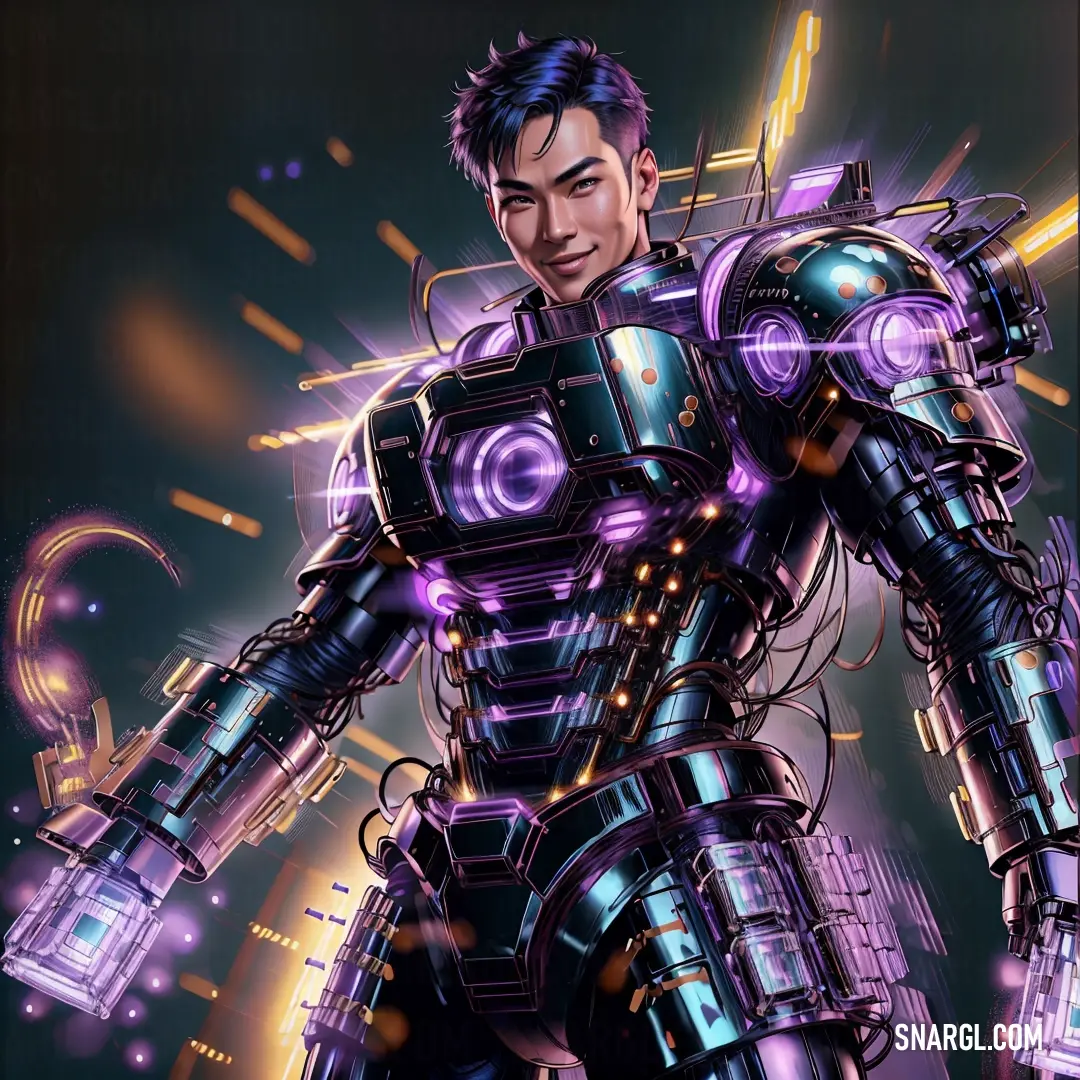 Man in a futuristic suit with a glowing arm and chest and a glowing arm. Color Dark violet.