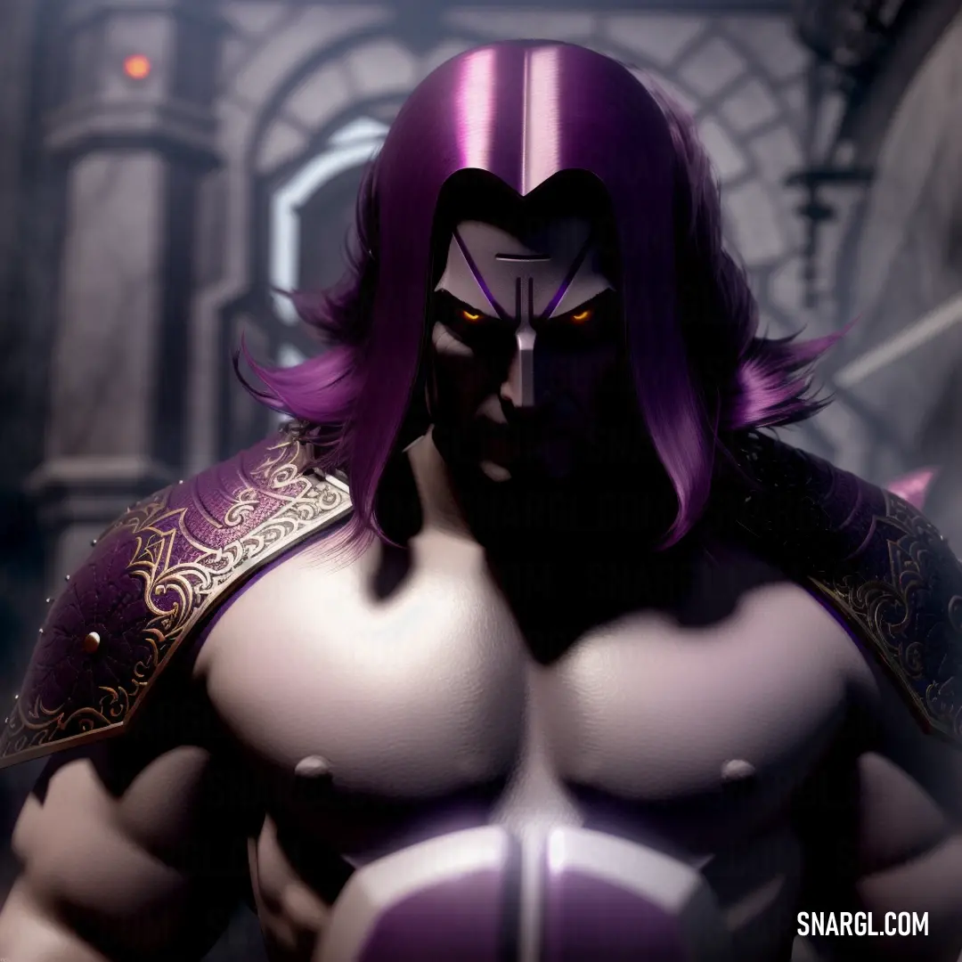 Man with purple hair and a purple outfit is standing in a dark alley with a sword in his hand